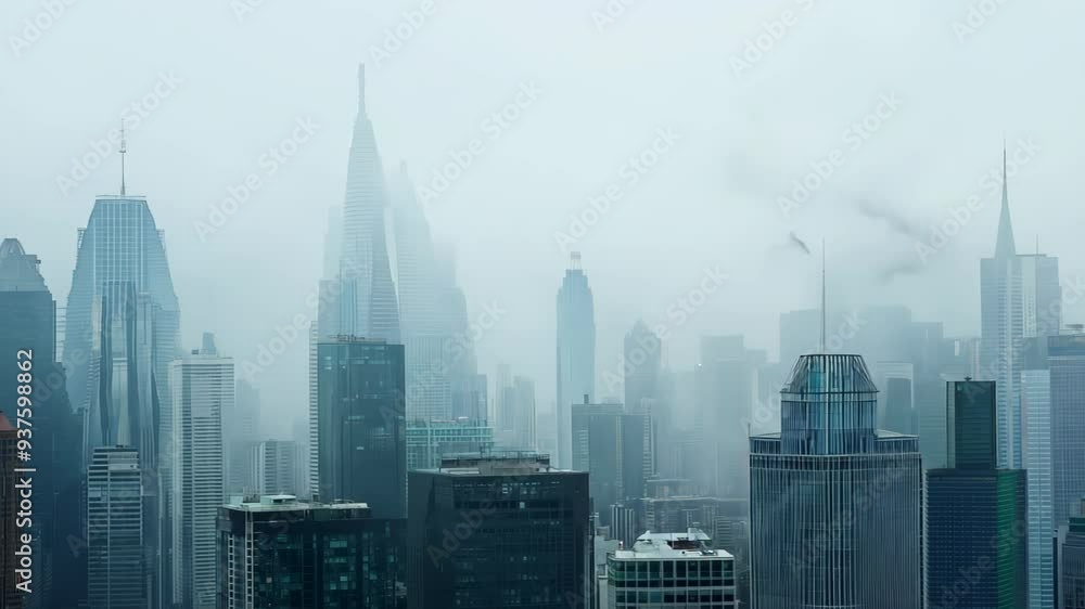 Poster on a foggy day, the city transforms as towering skyscrapers loom mysteriously through the mist, crea