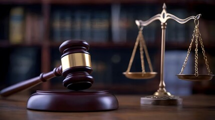 Legal Gavel and Scales on Table with Blurred Book Background, Text Space for Legal Stock Image