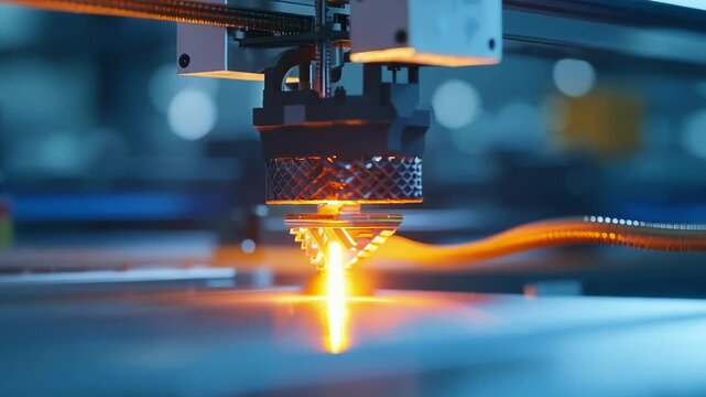 Laser welding machine performing a precision weld on a metal detail in a factory. The orange glow of the laser beam illuminates the metal surface