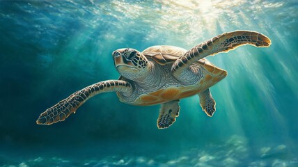 Obraz premium a turtle swimming in the ocean with the sun shining on its face.