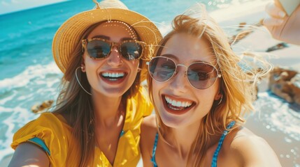 Two friends with bright smiles and stylish summer outfits pose playfully by the beach, soaking up the sun and enjoying the beautiful ocean waves in the background