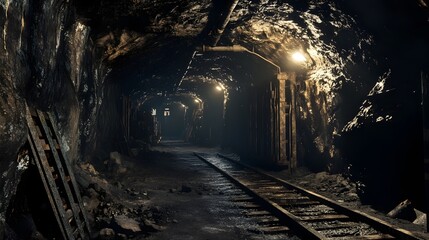 Fototapeta premium Mysterious Abandoned Underground Railway Tunnel Illuminated by Lights