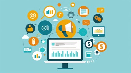 The Voice of Digital Marketing A vibrant megaphone broadcasts a symphony of online marketing icons, symbolizing the power of reaching your target audience in the digital age.