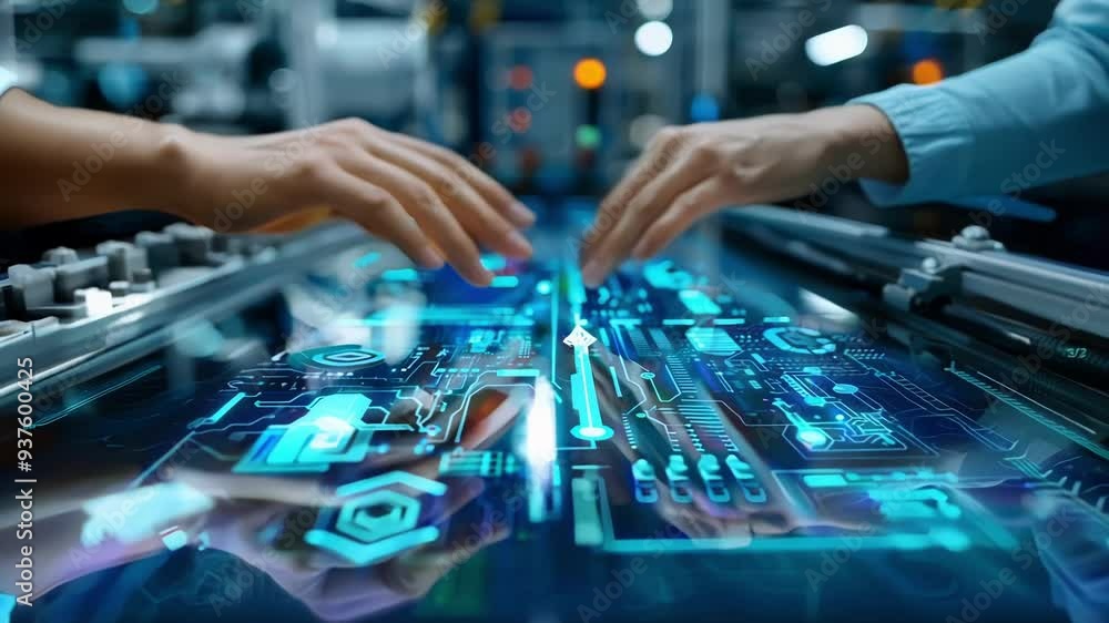 Poster two engineers are using a futuristic touch screen table with a holographic interface to control a pr