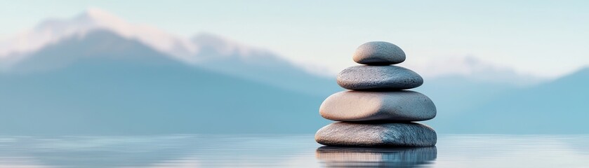 A tranquil stack of smooth stones symbolizes balance and harmony against a serene mountain backdrop, perfect for meditation themes.
