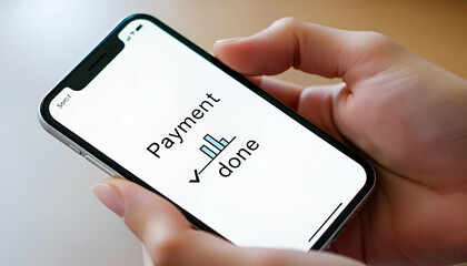 A person's hand holding a smartphone displaying the "Payment done" screen in daylight with sunny weather in the background