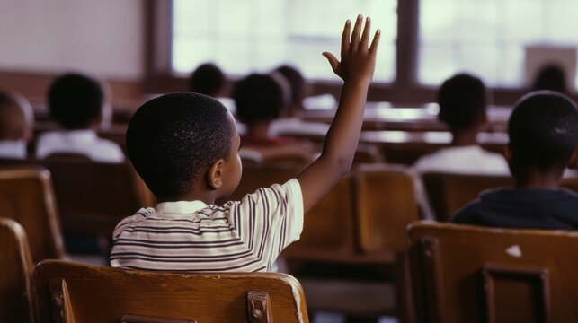 African-American black children raise their hands in class, and the child's eyes are filled with the desire for knowledge, school, and reading
