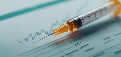 Close-Up of Syringe on Medical Chart with Financial Data and Graphs in Background