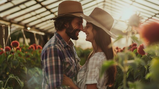 A happy, satisfied farmer couple standing face to face and smiling at each other. In the vegetable growing room that is a greenhouse