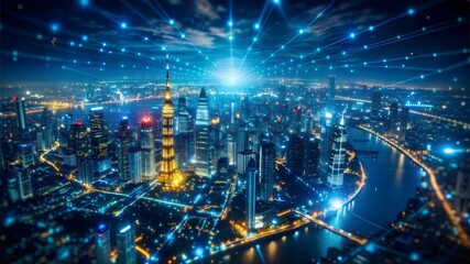 Futuristic Cityscape at Night with Digital Network Connections, Global Harmony Concept