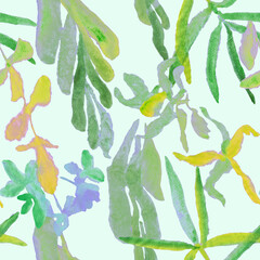 Seamless pattern with green watercolor leaves and flowers. Repeating floral pastel pattern hand painted in watercolor.