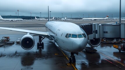 Obraz premium Rainy Tarmac with Airplane Awaiting Takeoff at International Airport