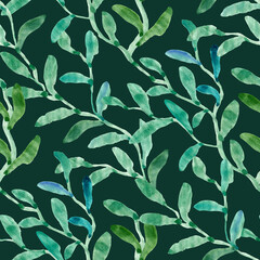 Seamless pattern with green watercolor leaves. Repeating floral pattern hand painted in watercolor.
