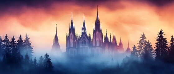 Fototapeta premium Gothic castle surrounded by misty forest at dusk, creating a mysterious and enchanting atmosphere with vibrant sunset colors.