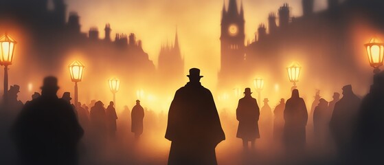 Mysterious silhouettes of people in Victorian-era attire walking through foggy, lamp-lit streets with historic buildings in the background.