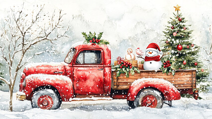 Festive Red Truck with Christmas Decorations