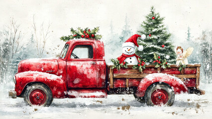 Christmas Truck with Snowman and Vintage Winter Scene