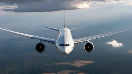 Fototapeta premium Commercial Airliner Soaring Through Cloudy Skies on Aerial Journey