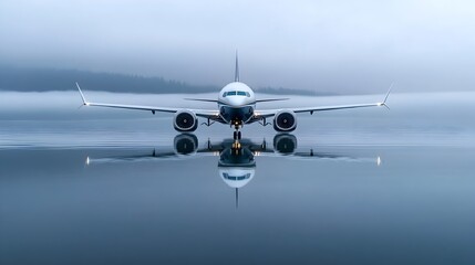 Naklejka premium Commercial Plane Taking Off at Dusk Reflecting in Calm Water