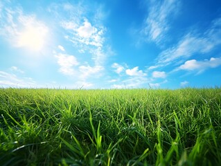 Stunning Morning Landscape with Lush Green Grass and Bright Blue Sky