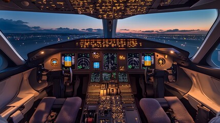 Illuminated Cockpit of a Commercial Airliner at Dusk with City Skyline in Background