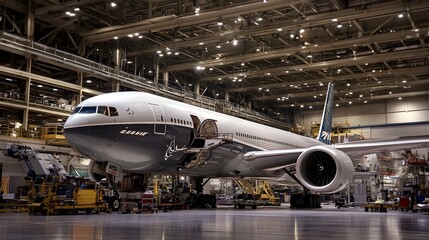 Commercial Aircraft Under Construction in Large Aviation Manufacturing Hangar
