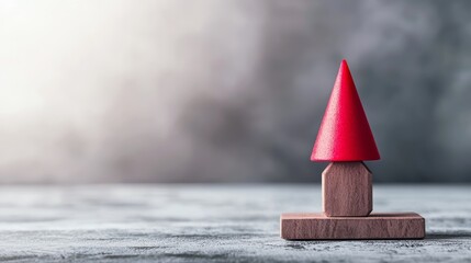 A vibrant red cone sits atop a wooden base against a soft, blurred background, highlighting simplicity and minimalist design.