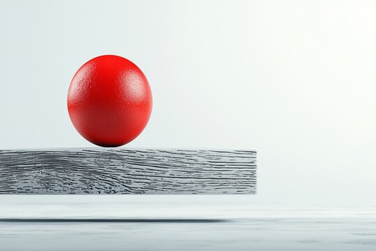 A vibrant red ball elegantly balances on a wooden surface, showcasing minimalism and modern design aesthetics.
