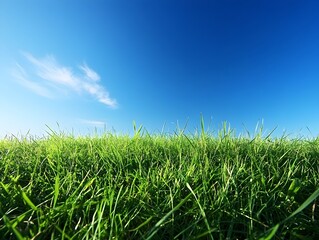 Obraz premium Early Morning Blue Sky and Vibrant Green Grass Landscape Scenic Outdoor Backdrop