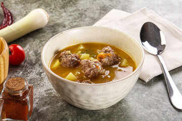 Soup with beef meatball and vegetables