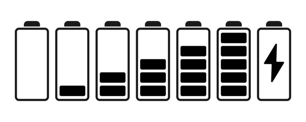 Battery charge gradation. Set of vector icons. Isolated on transparent background.