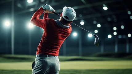 Golfer Taking a Powerful Swing on a Lush Green Golf Course
