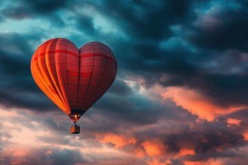 Obraz premium Heart shaped hot air balloon flying through dramatic sunset sky