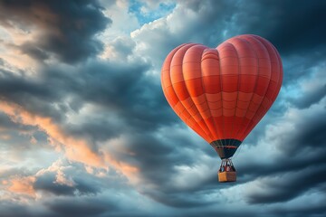 Fototapeta premium Heart shaped hot air balloon flying through stormy sunset sky