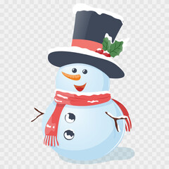 Vector character snowman in hat isolated on transparent background.