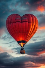 Fototapeta premium Heart shaped hot air balloon flying in cloudy sunset sky
