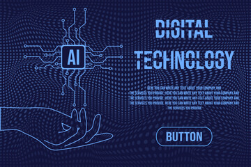 Web discord banner template design with trendy neon effect computer micro chip in the hand. Trendy 3D wave technology background. EPS 10