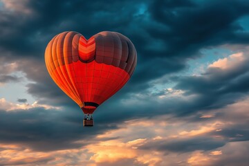 Fototapeta premium Red heart shaped hot air balloon flying in cloudy sunset sky