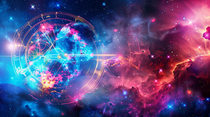 Fototapeta premium An intricate and ethereal celestial clock, set against a backdrop of swirling nebulae. This image evokes a sense of wonder and mystery. Perfect for projects related to fantasy,