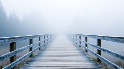 A wooden bridge stretches forward into a dense fog, with no visible end, creating a tranquil yet haunting scene.