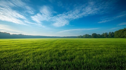 Fototapeta premium Early Morning Scenic Landscape of Vast Green Meadow with Clear Blue Sky and Clouds