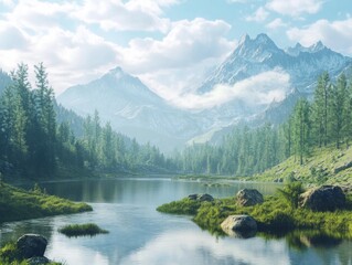 Fototapeta premium serene nature landscape featuring majestic mountains, tranquil rivers, and lush forests, evoking a peaceful and calming atmosphere, perfect for natural and scenic visuals