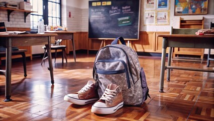 Obraz premium Backpack and Sneakers on a Classroom Floor