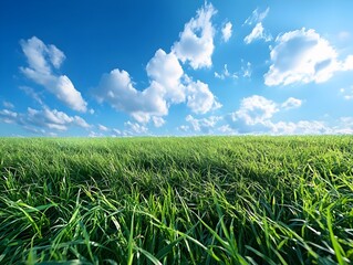 Obraz premium Captivating Scenic Landscape of Vibrant Green Meadow Under Bright Blue Sky with Fluffy Clouds