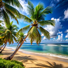 A beach scene with palm trees and the ocean