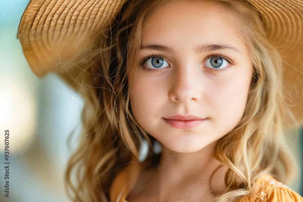 Sticker a young girl with blue eyes wearing a straw hat.