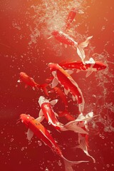 Dance Four vibrant koi fish, with their scales shimmering in the light, dance gracefully in a vibrant red water, creating a captivating and serene scene.