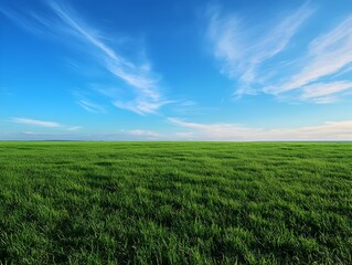 Obraz premium Breathtaking Expanse of Pristine Green Meadow Under Picturesque Blue Sky with Wispy Clouds