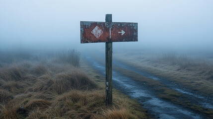 An old, rusted sign stands in the middle of a fog-covered field, marking the crossroads in an isolated and eerie environment.