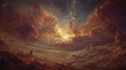Majestic Galactic Nebula With Fiery Orange and Yellow Clouds in the Vast Universe